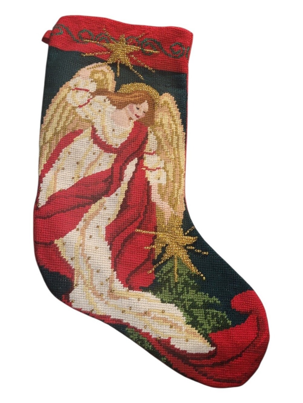 Vintage Needlepoint Angel Xmas Christmas Stocking Beaded